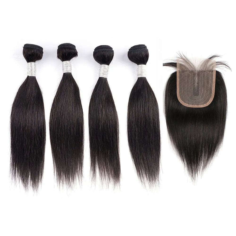 Straight Remy Indian Human Hair Extension Natural Color Soft  4 Bundles With 4x1 Lace Closure - Lushstrand