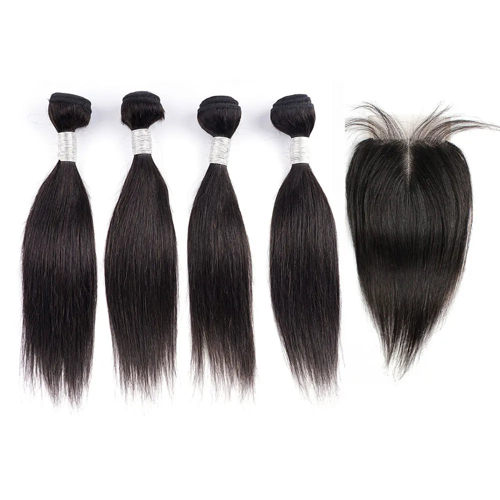 Straight Remy Indian Human Hair Extension Natural Color Soft  4 Bundles With 4x1 Lace Closure - Lushstrand