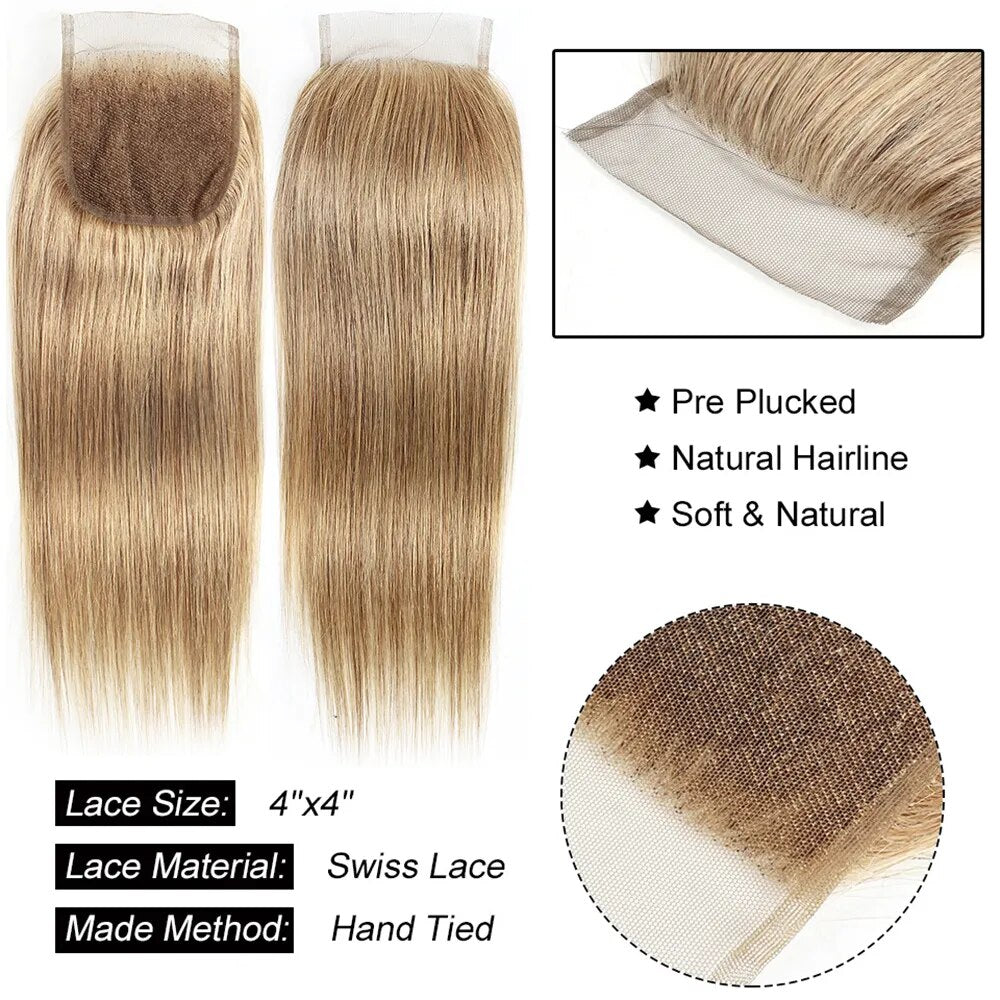 Ash Blonde Color Human Hair 3 Bundles With 4x4 Lace Closure Straight - Lushstrand