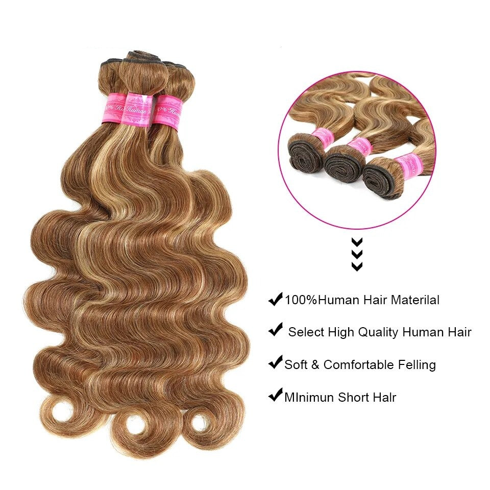 Indian Hair Body Wave Highlight Bundles Human Hair Extensions 1/3/4 PCS Bundles - Lushstrand