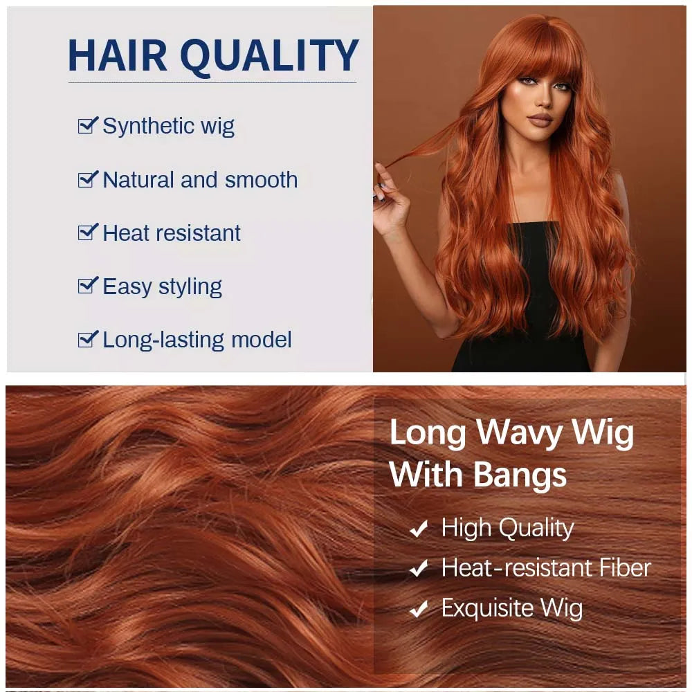 Copper Ginger Brown Wigs with Bangs Natural Synthetic Long Wavy Hair - Lushstrand