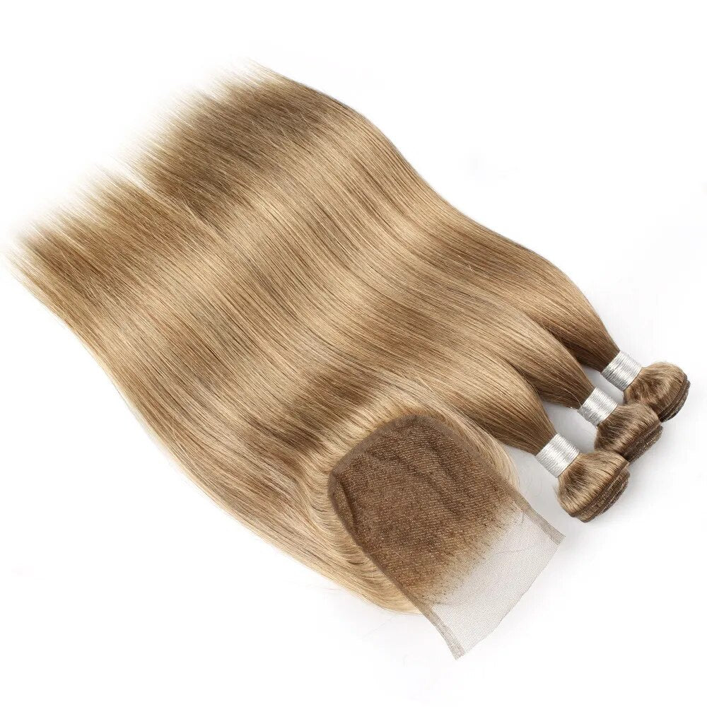 Ash Blonde Color Human Hair 3 Bundles With 4x4 Lace Closure Straight - Lushstrand