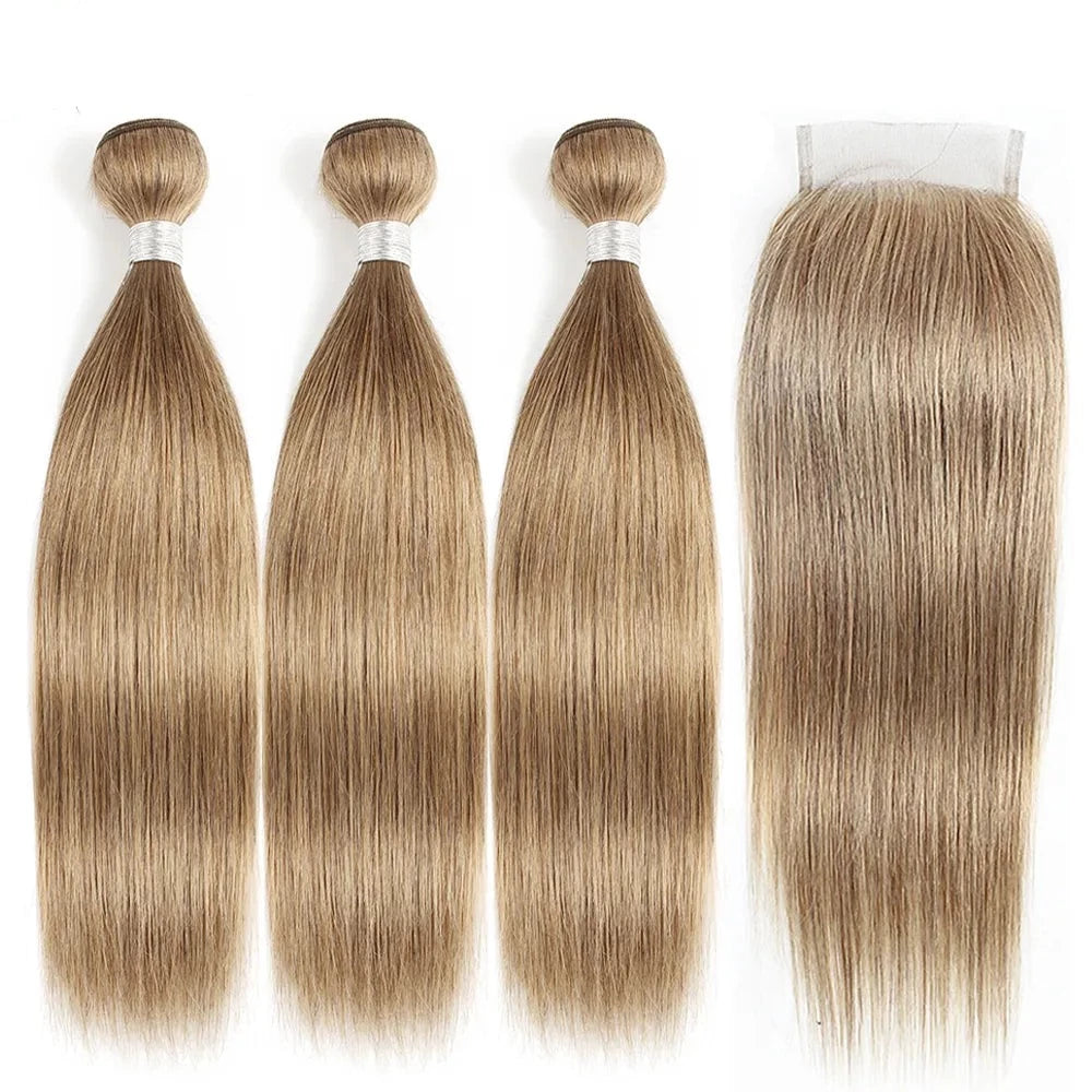 Ash Blonde Color Human Hair 3 Bundles With 4x4 Lace Closure Straight - Lushstrand