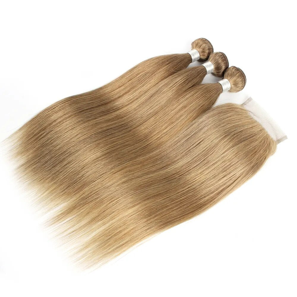 Ash Blonde Color Human Hair 3 Bundles With 4x4 Lace Closure Straight - Lushstrand