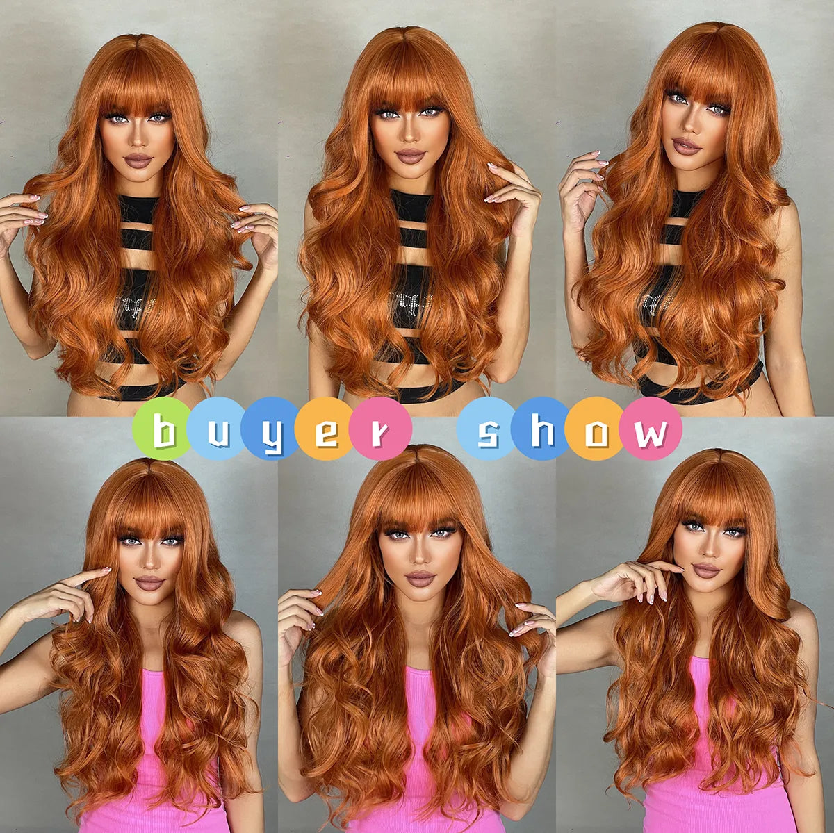 Copper Ginger Brown Wigs with Bangs Natural Synthetic Long Wavy Hair - Lushstrand