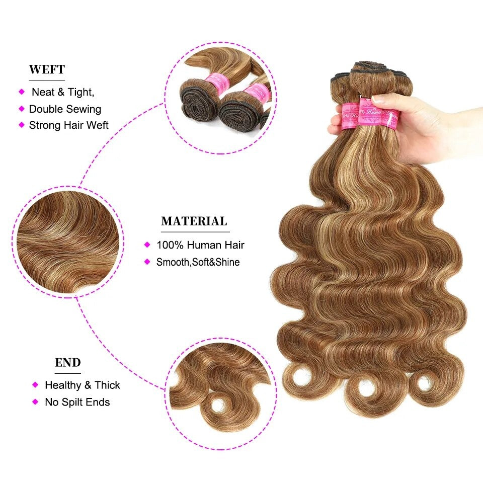 Indian Hair Body Wave Highlight Bundles Human Hair Extensions 1/3/4 PCS Bundles - Lushstrand